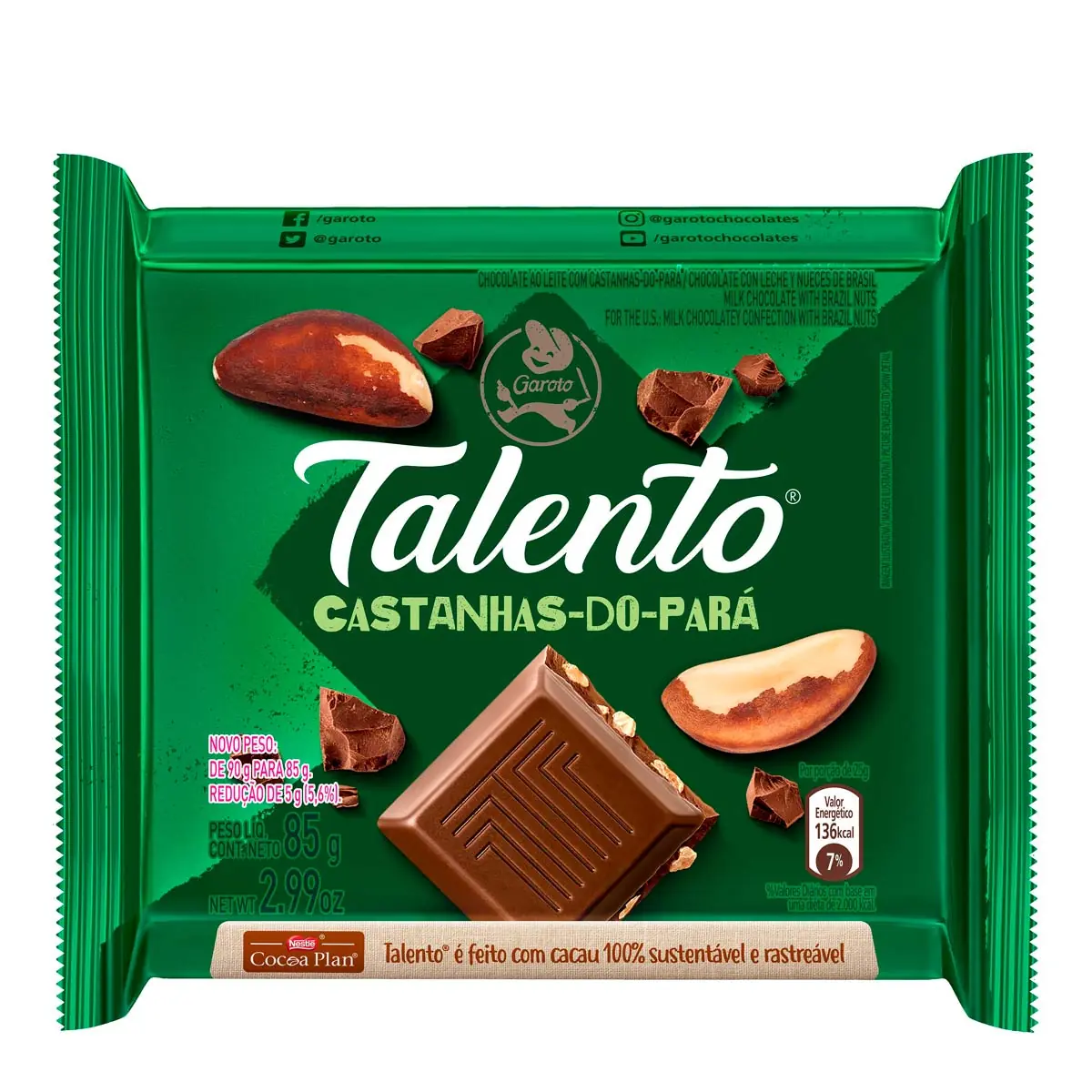 Chocolate Garoto Talento ao Leite com Castanha do Pará 85g
