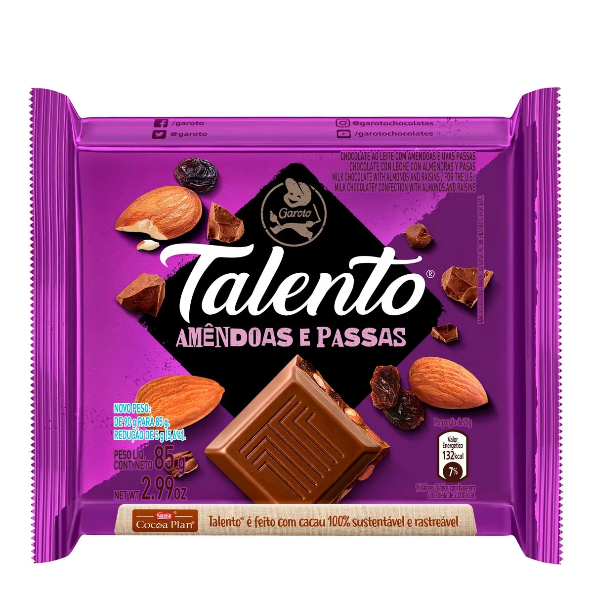 Chocolate Garoto Talento Amêndoas com Passas 85g