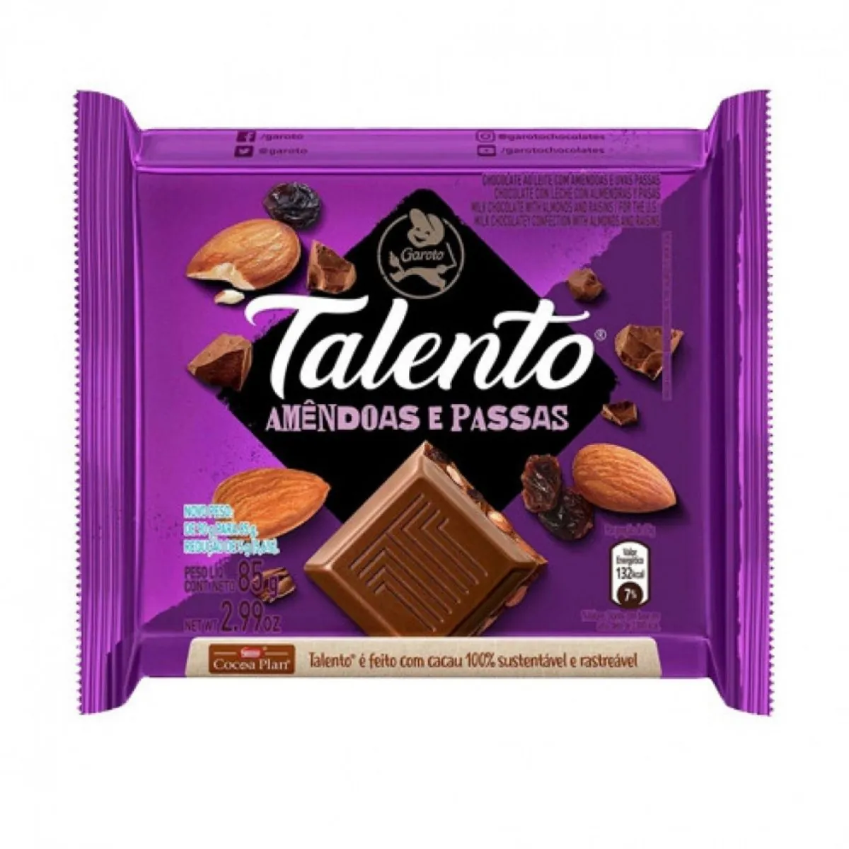 Chocolate Tablete Garoto Talento Amendoas 90g