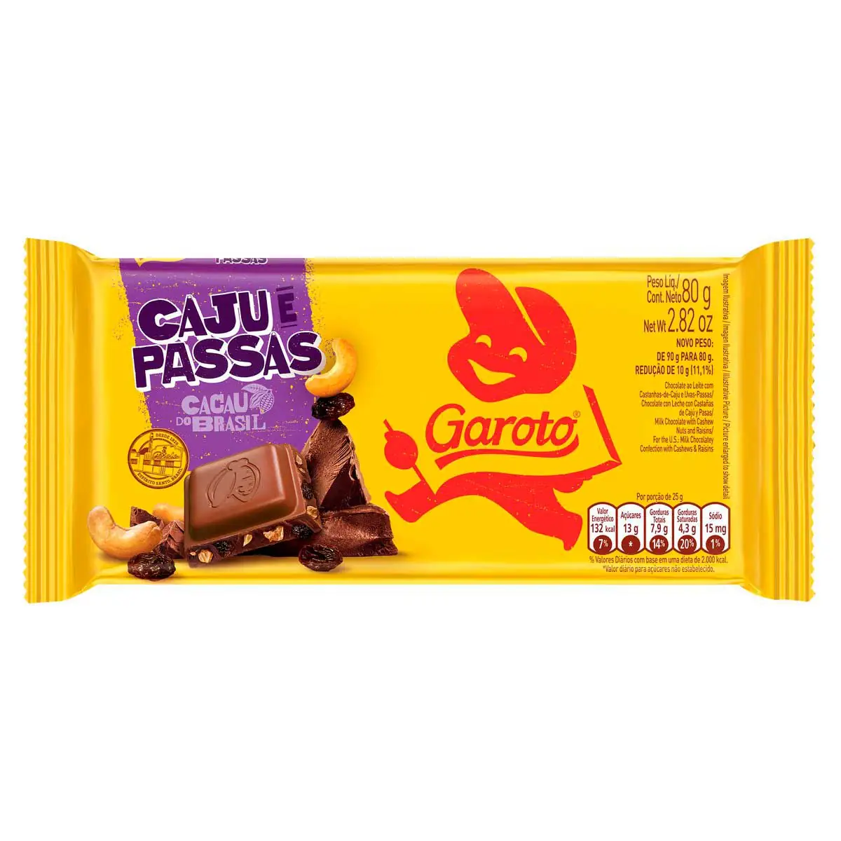 Chocolate ao Leite Garoto Caju com Passas Tablete 80g