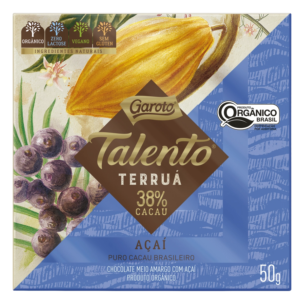 Chocolate Meio Amargo 38 Cacau Orgânico Açaí Zero Lactose Garoto Talento Terruá Caixa 50g
