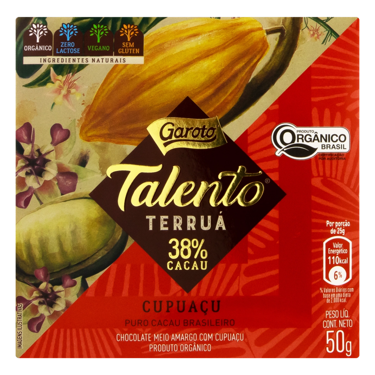 Chocolate Meio Amargo 38 Cacau Orgânico Cupuaçu Zero Lactose Garoto Talento Terruá Caixa 50g