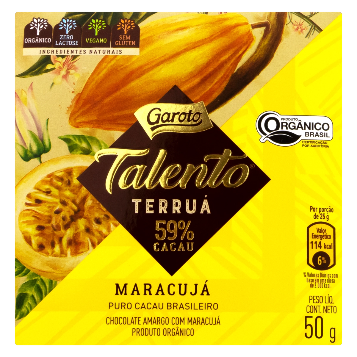 Chocolate Amargo 59 Cacau Orgânico Maracujá Zero Lactose Garoto Talento Terruá Caixa 50g