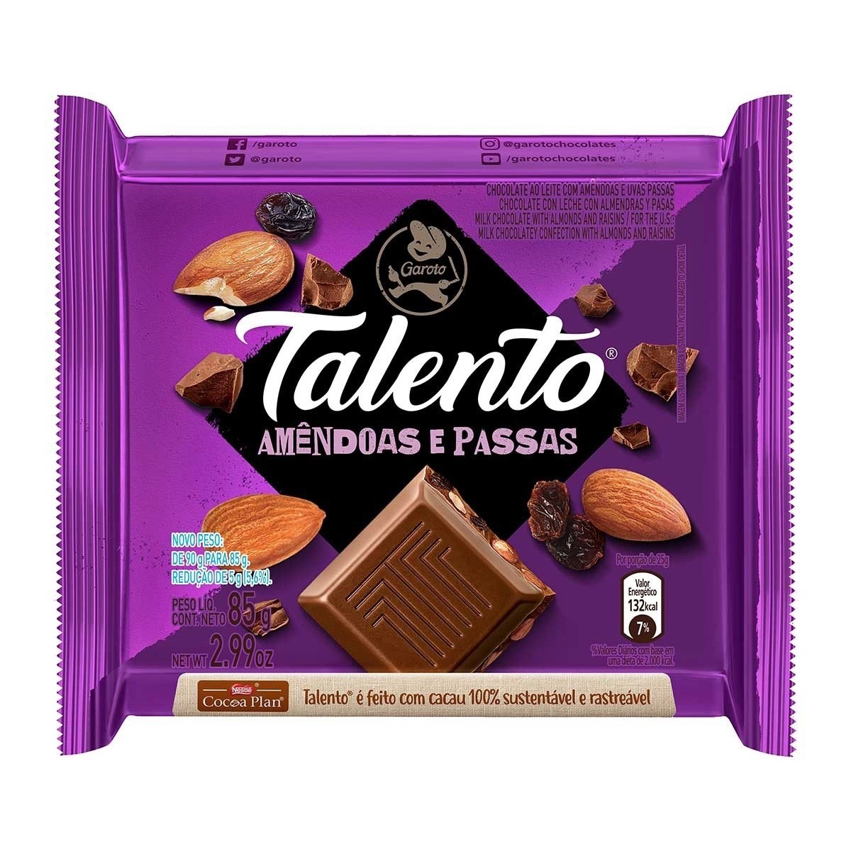 Chocolate Talento Ao Leite Com Amêndoas E Passas 12unidade X