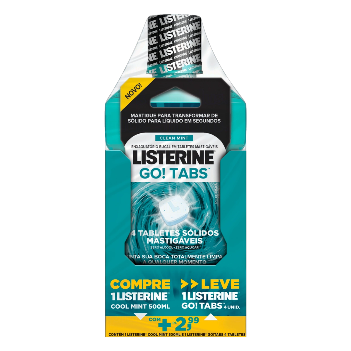 Kit Enxaguante Bucal Antisséptico Cool Mint 500ml Tablete Clean Mint Go Tabs 4 Unidades Listerine