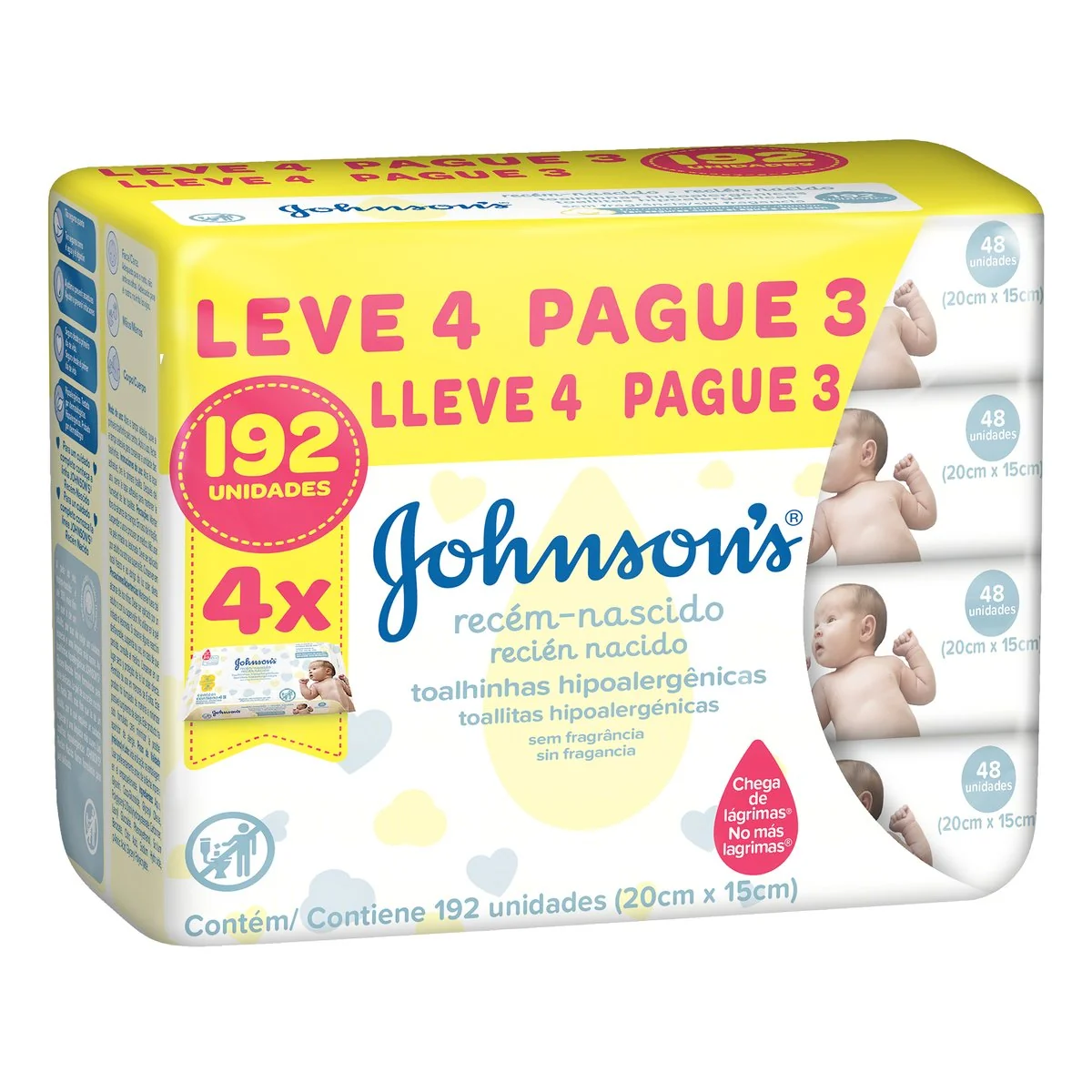 Pack Toalha Umedecida Recém-Nascido sem Perfume Johnson's Baby Pacote Leve 4 Pague 3 Unidades