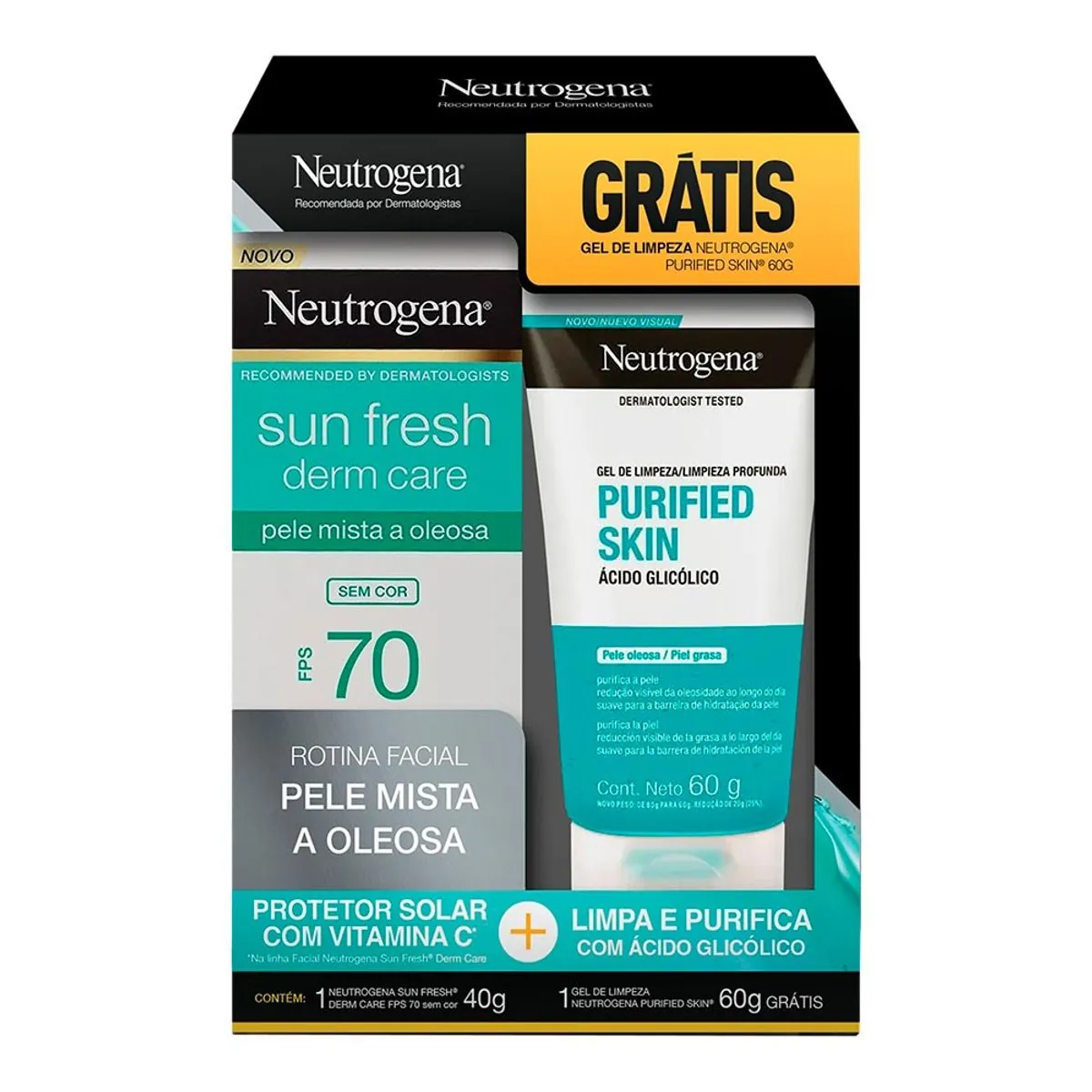 Kit Neutrogena Facial Protetor Solar Sun Fresh Derm Care FPS 70 Sem Cor 40g + Gel de Limpeza Purified Skin 60g
