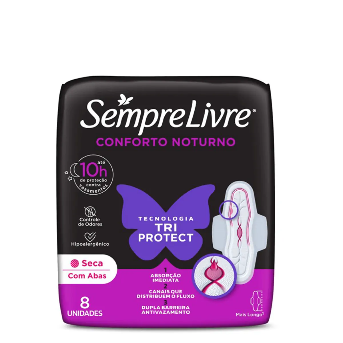Absorvente com Abas Sempre Livre Conforto Noturno Seca 8 Unidades