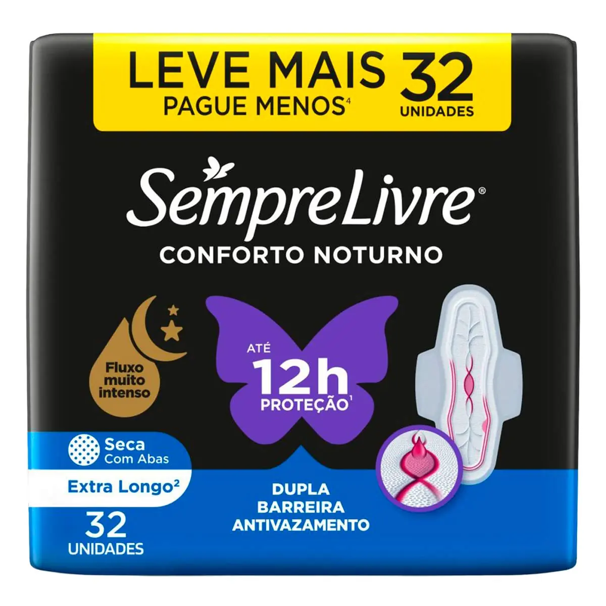 Absorvente Nortuno Malha Seca Sempre Livre Adapt Plus Noite e Dia 32 Unidades Leve Mais Pague Menos