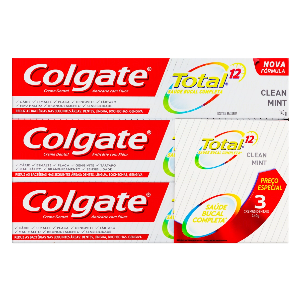 Pack Creme Dental Clean Mint Colgate Total 12 Caixa 3 Unidades 140g Cada