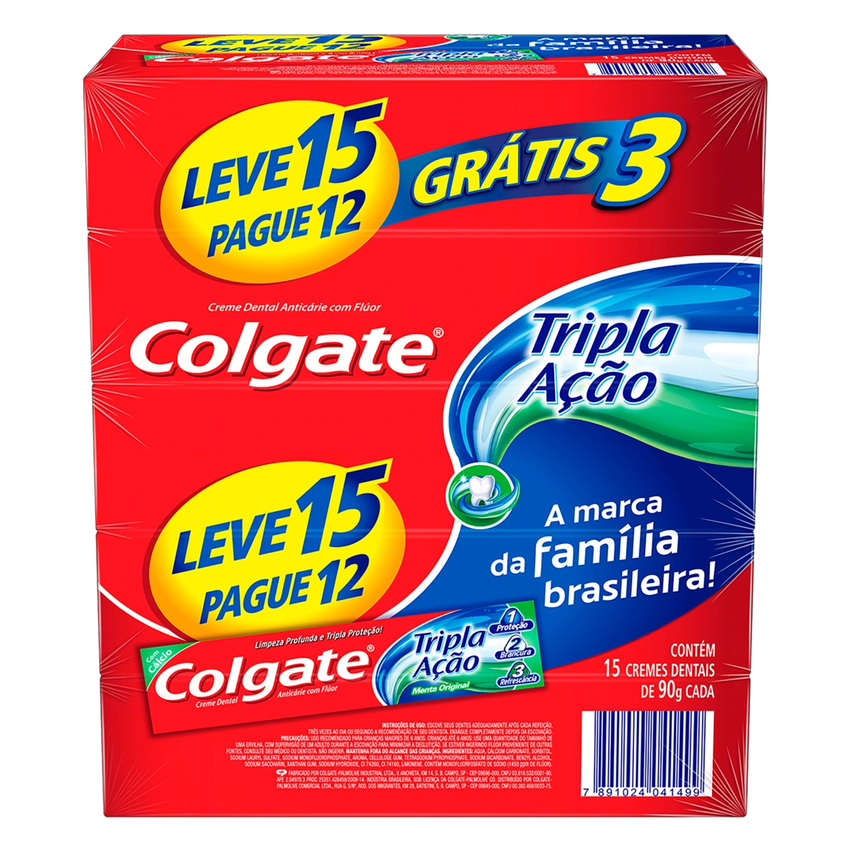 Pack Creme Dental Menta Original Colgate Tripla Ação Caixa 90g Cada Leve 15 Pague 12 Unidades