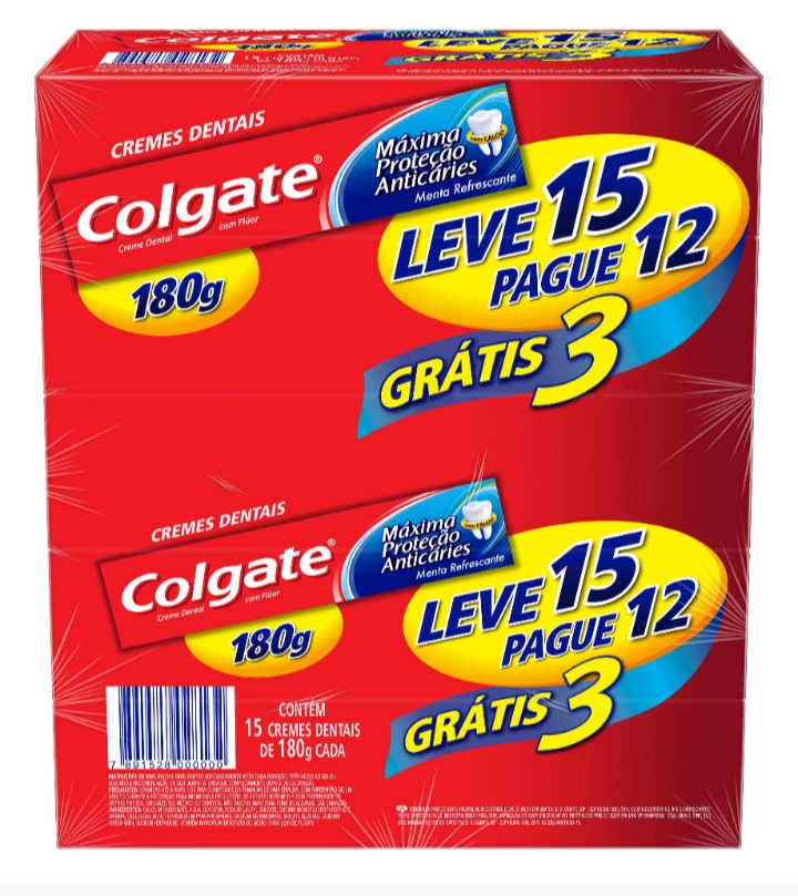 Pack Creme Dental Menta Refrescante Colgate Máxima Proteção Anticáries Caixa 180g Cada Leve 15 Pague