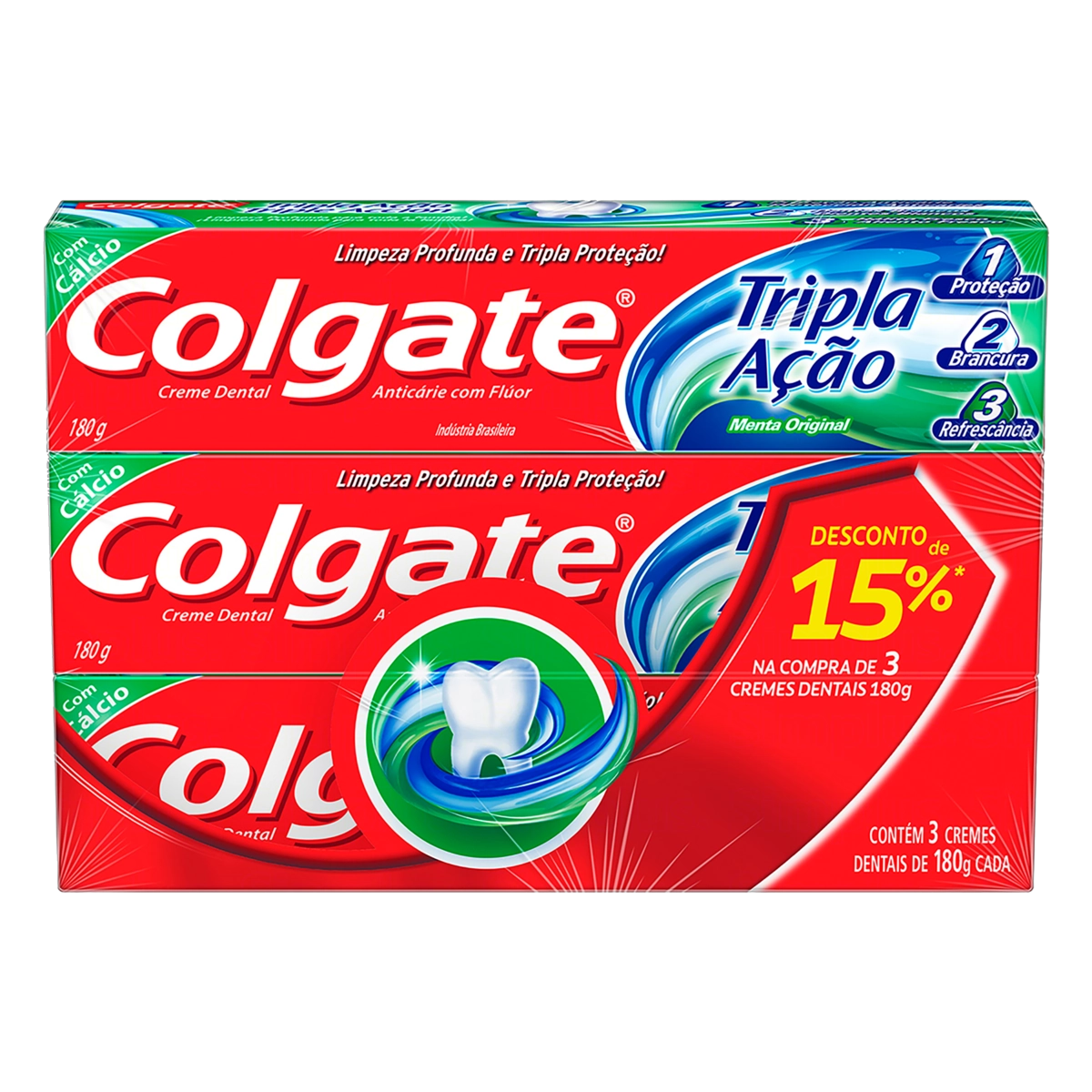 Pack Creme Dental Menta Original Colgate Tripla Ação Caixa 3 Unidades 180g Cada Grátis 15 De Descont