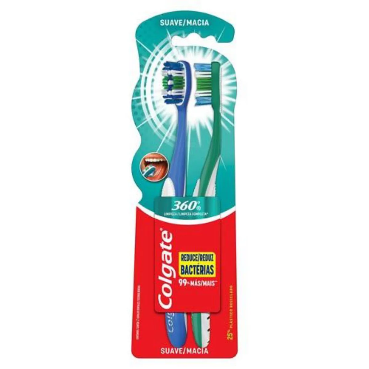 Escova Dental Colgate 360° Laranja e Verde com 2 Unidades