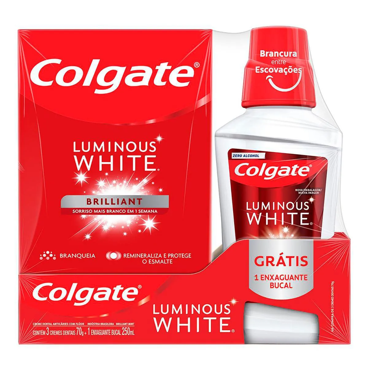 Kit 3 Cremes Dentais Brilliant 70g Cada Grátis Enxaguante Bucal 250ml Colgate Luminous White