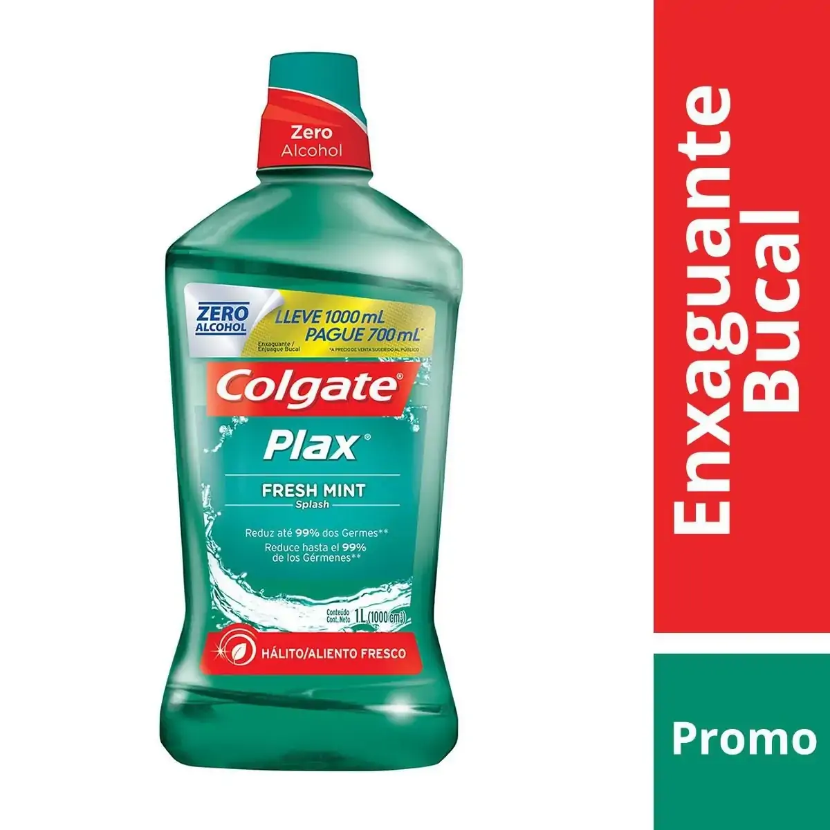 Enxaguante Bucal Antisséptico Zero álcool Fresh Mint Colgate Plax Frasco Leve 1000ml Pague 700ml