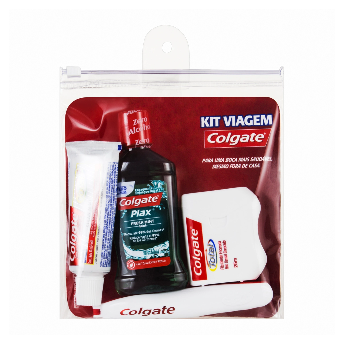 Kit Viagem Creme Dental 30g Enxaguante Bucal 60ml Fita Dental Encerada 25m Escova Dental Colgate