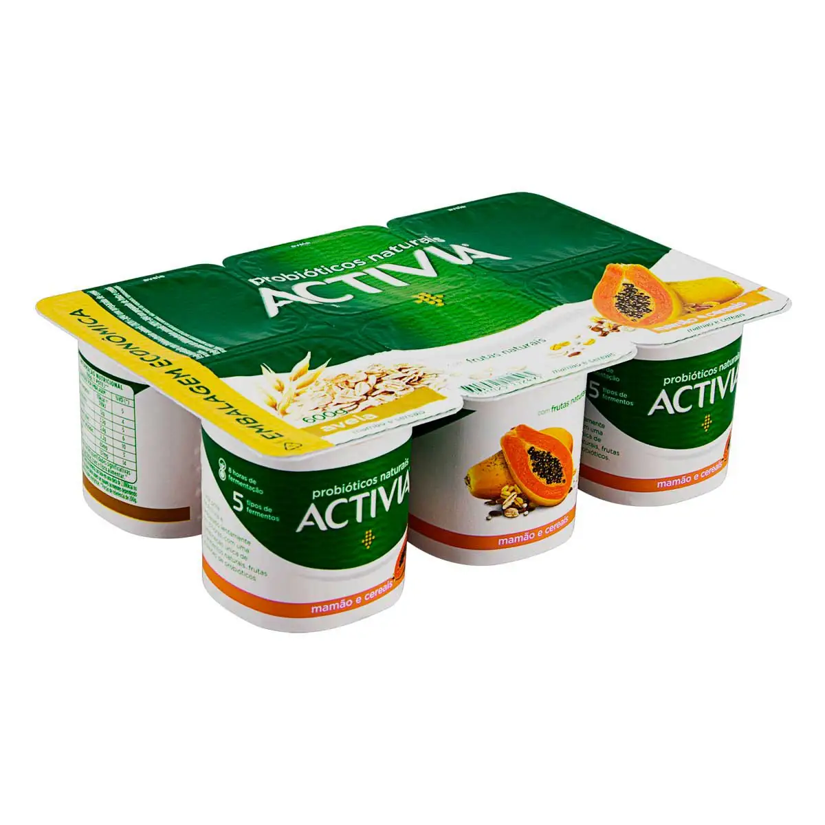 Leite Fermentado Integral Sabor Aveia + Mamão e Cereais Activia 600g 6 Unidades Embalagem Econômica