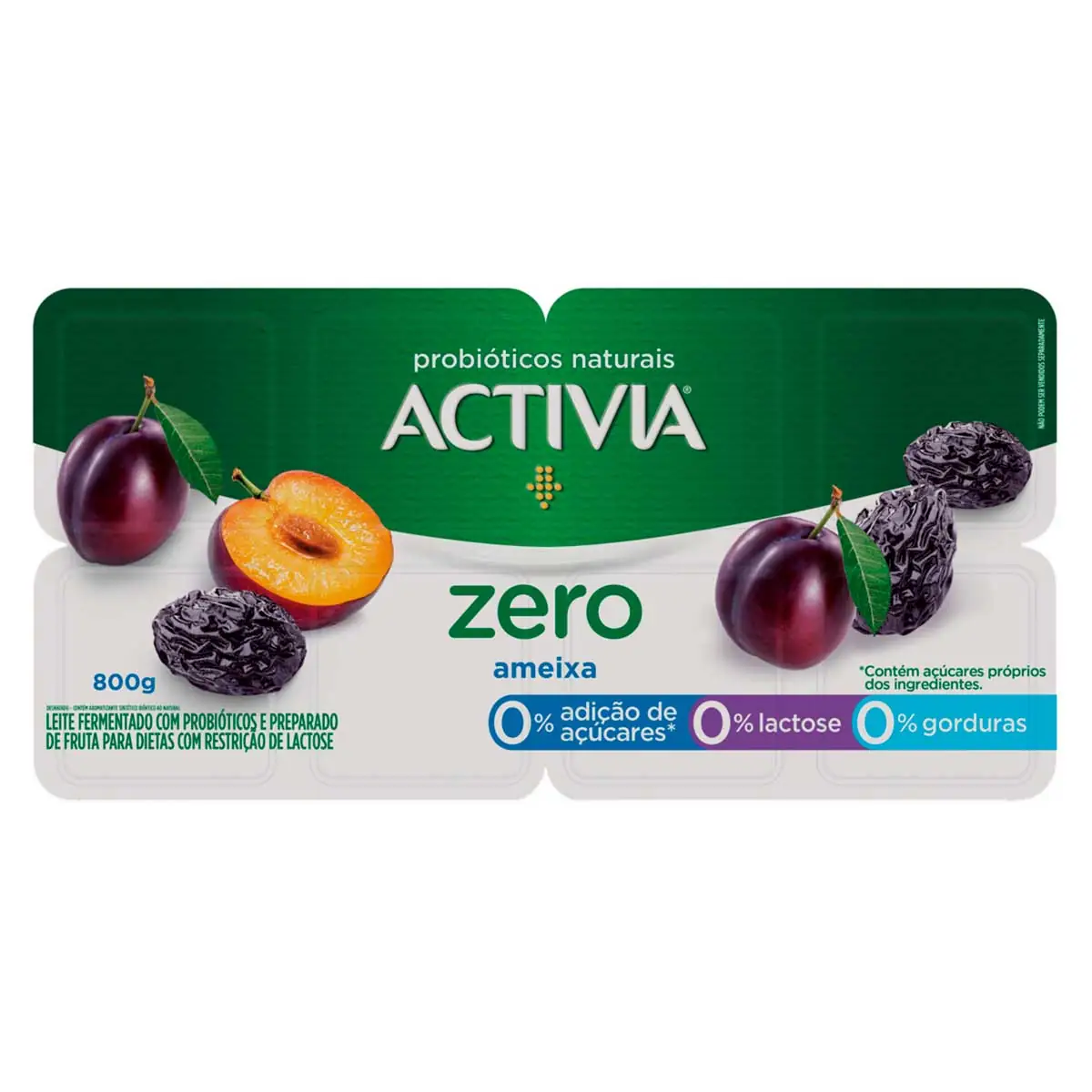 Leite Fermentado Zero Lactose Sabor Ameixa Activia Zero 800g 8 Unidades