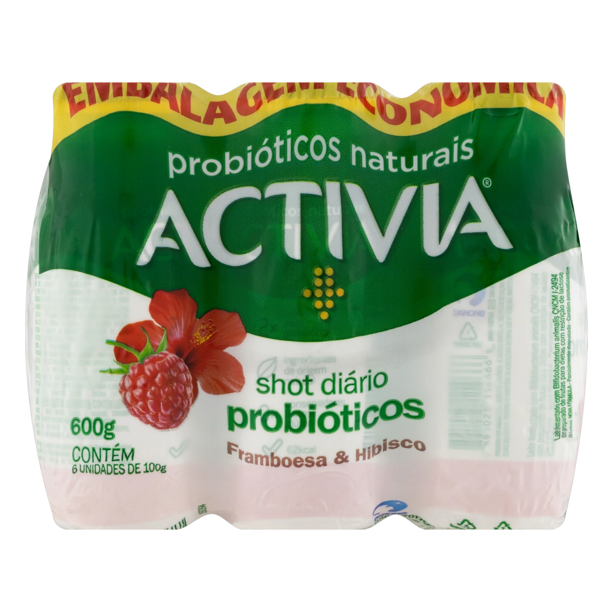 Pack Leite Fermentado Parcialmente Desnatado Framboesa & Hibisco Zero Lactose Activia Shot Diário 100g