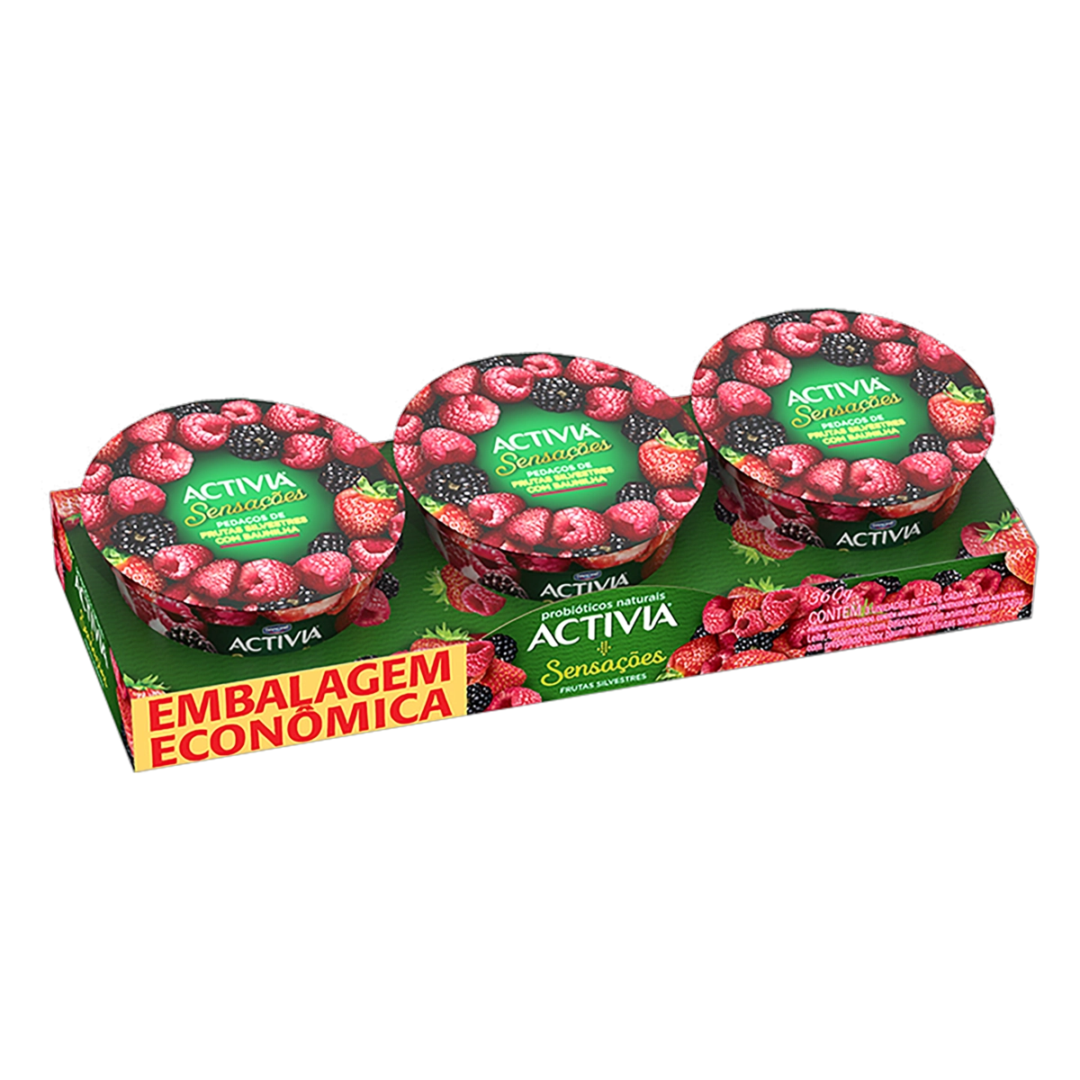 Pack Leite Fermentado Frutas Silvestres Com Baunilha Activia Sensações Pote 360g 3 Unidades Embalage