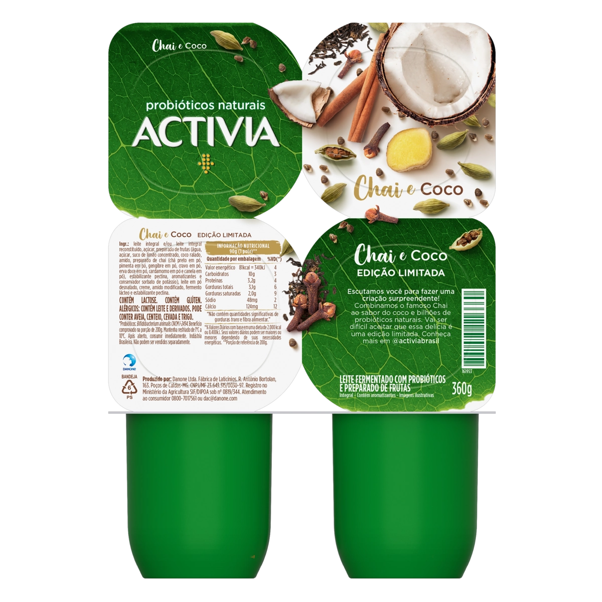Leite Fermentado Integral Chai E Coco Activia Bandeja 360g 4 Unidades