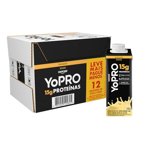 Pack Bebida Láctea Uht Banana Parcialmente Desnatado Yopro Shake Caixa 12 Unidades 250ml Cada Leve M