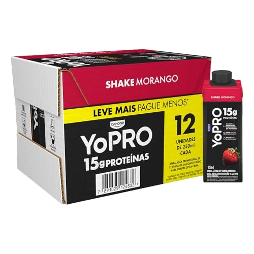 Pack Bebida Láctea Uht Morango Parcialmente Desnatado Yopro Shake Caixa 12 Unidades 250ml Cada Leve