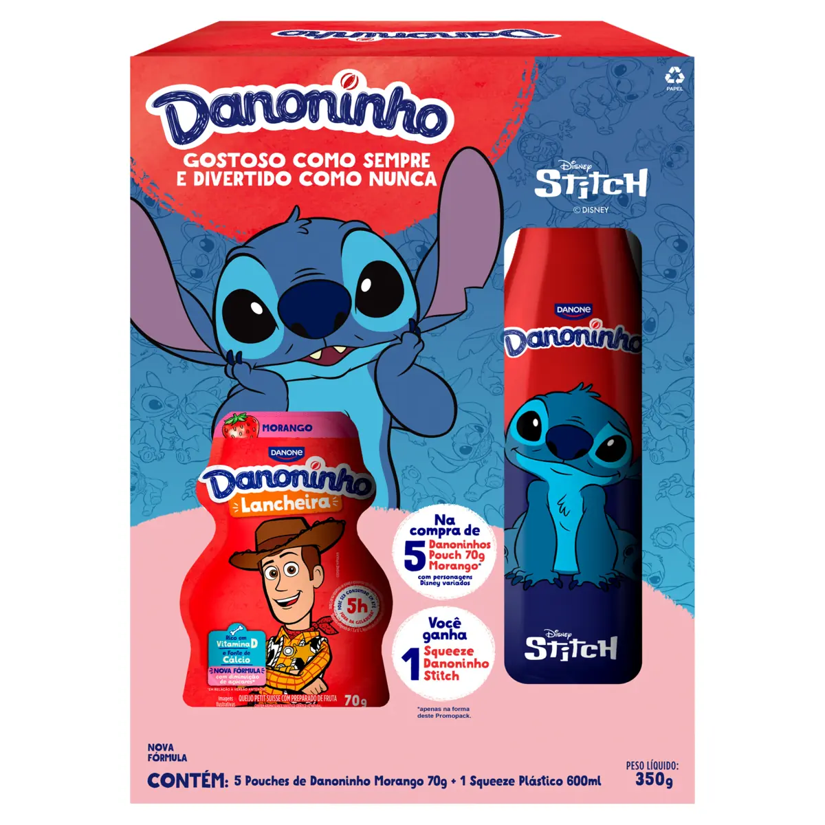 Kit Danoninho Stitch Petit Suisse Morango 5x70g Squeeze 600ml