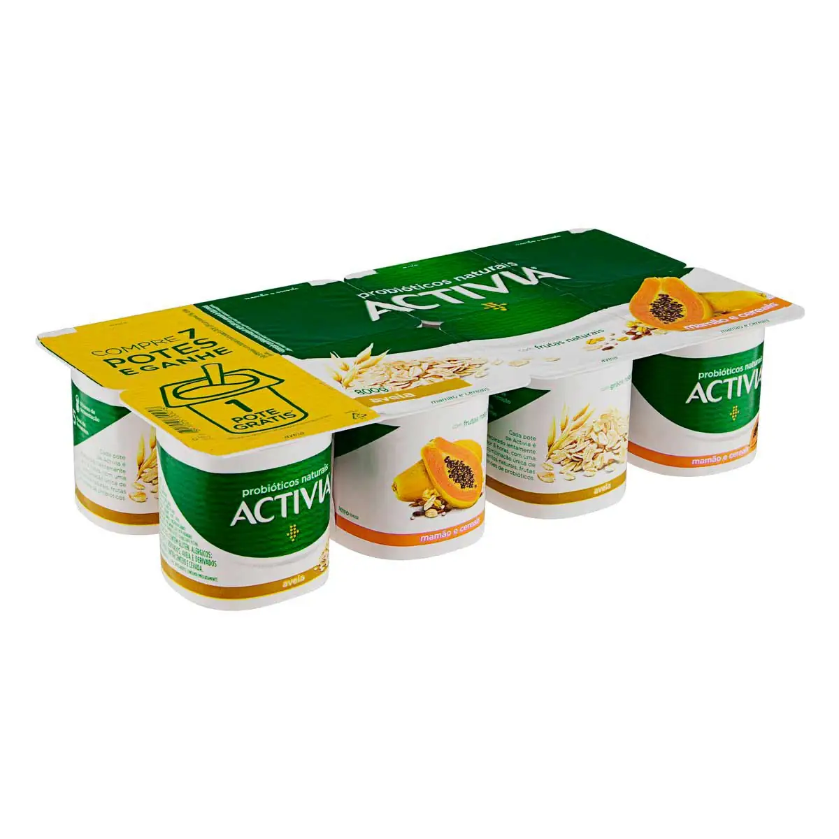 Leite Fermentado Integral Sabor Aveia + Mamão e Cereais Activia 800g 8 Unidades Grátis 1 Unidade