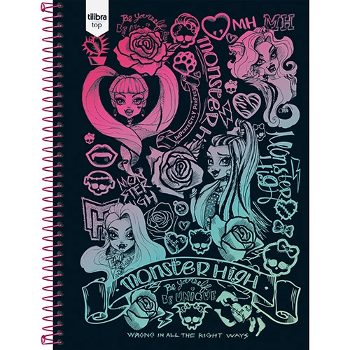 Caderno Universitário Tilibra Monster High Top Preto Capa Dura Decorada 96 Folhas