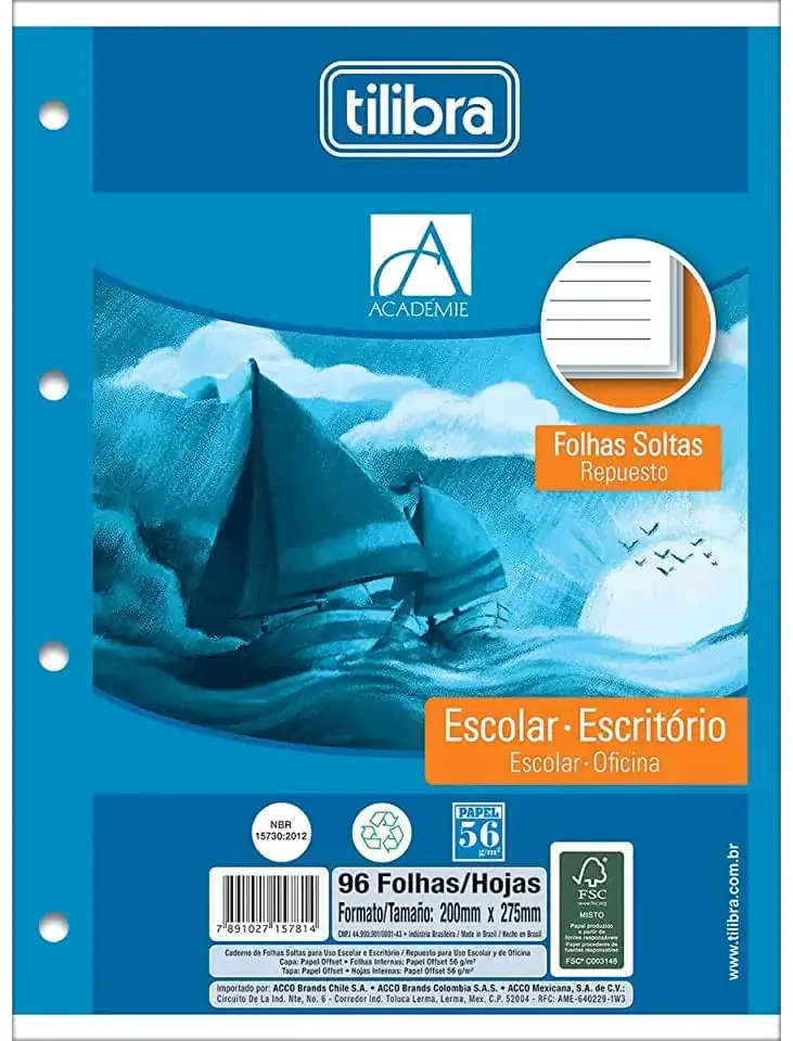 Refil Para Caderno Argolado Universitário Folhas Soltas Académie 96 Folhas 301g Tilibra