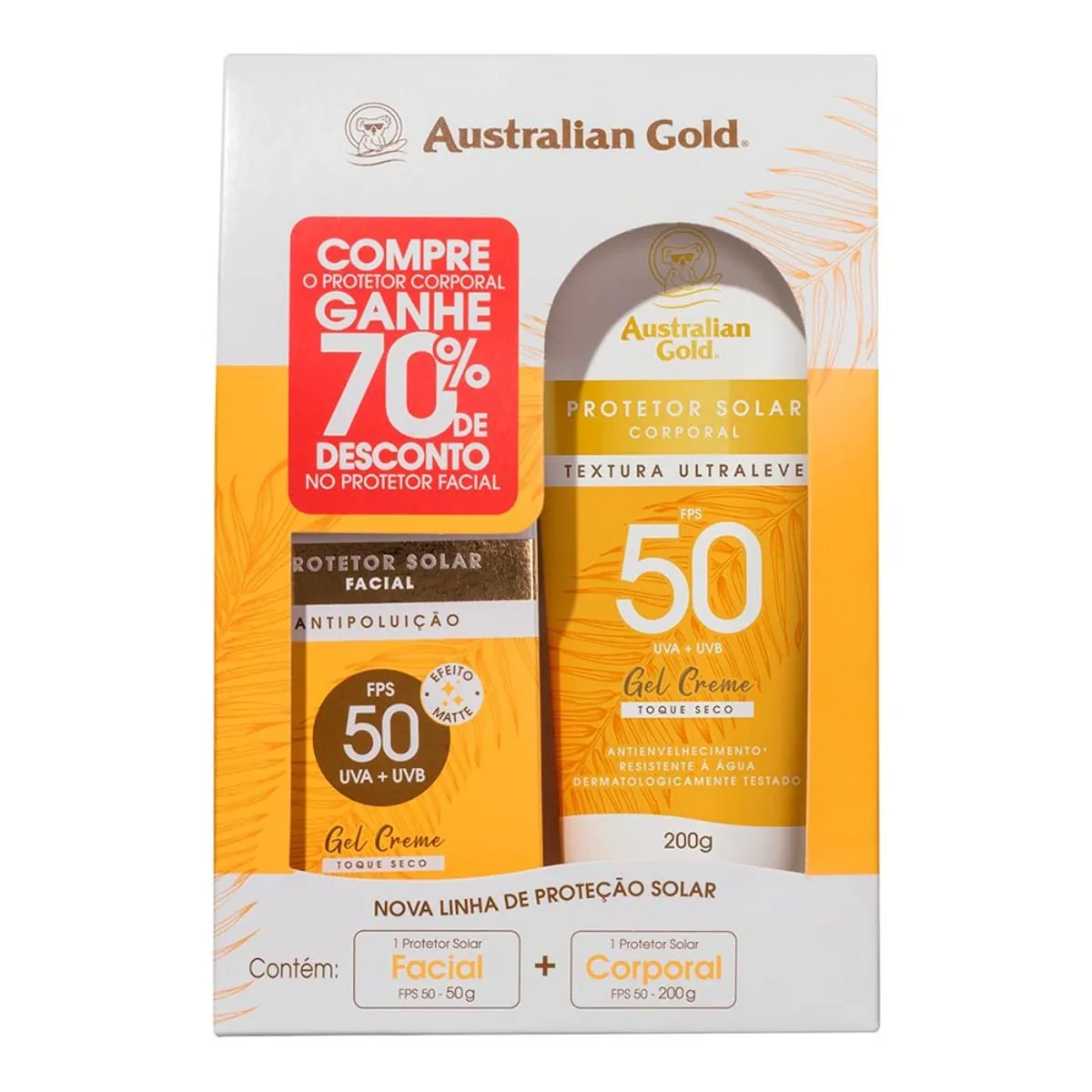 Kit Protetor Solar 200g Facial Gel Creme 50g Toque Seco Fps 50 Australian Gold Grátis 70 De Desconto