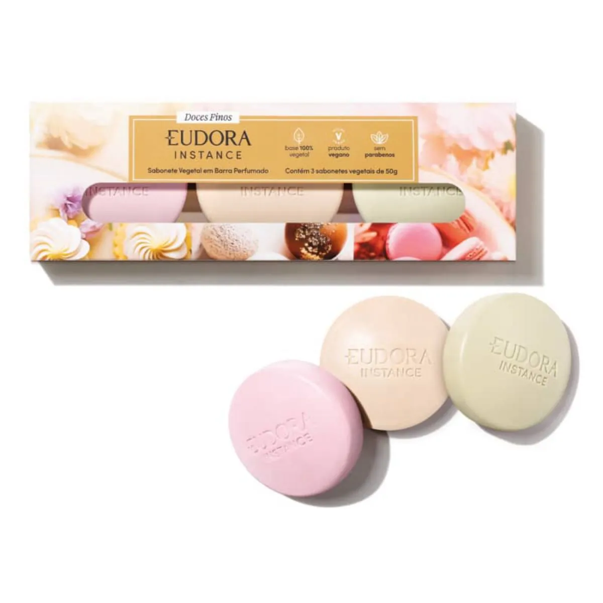 Kit Sabonete em Barra Vegetal Instance: Tartelete de Limão 50g + Bombom de Avelã 50g + Macaron de Fr
