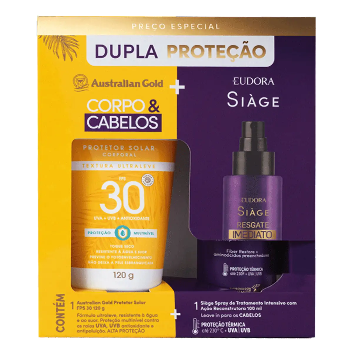 Kit Protetor Solar Corporal Toque Seco Fps 30 Australian Gold 120g Spray De Tratamento Leave In Eudo