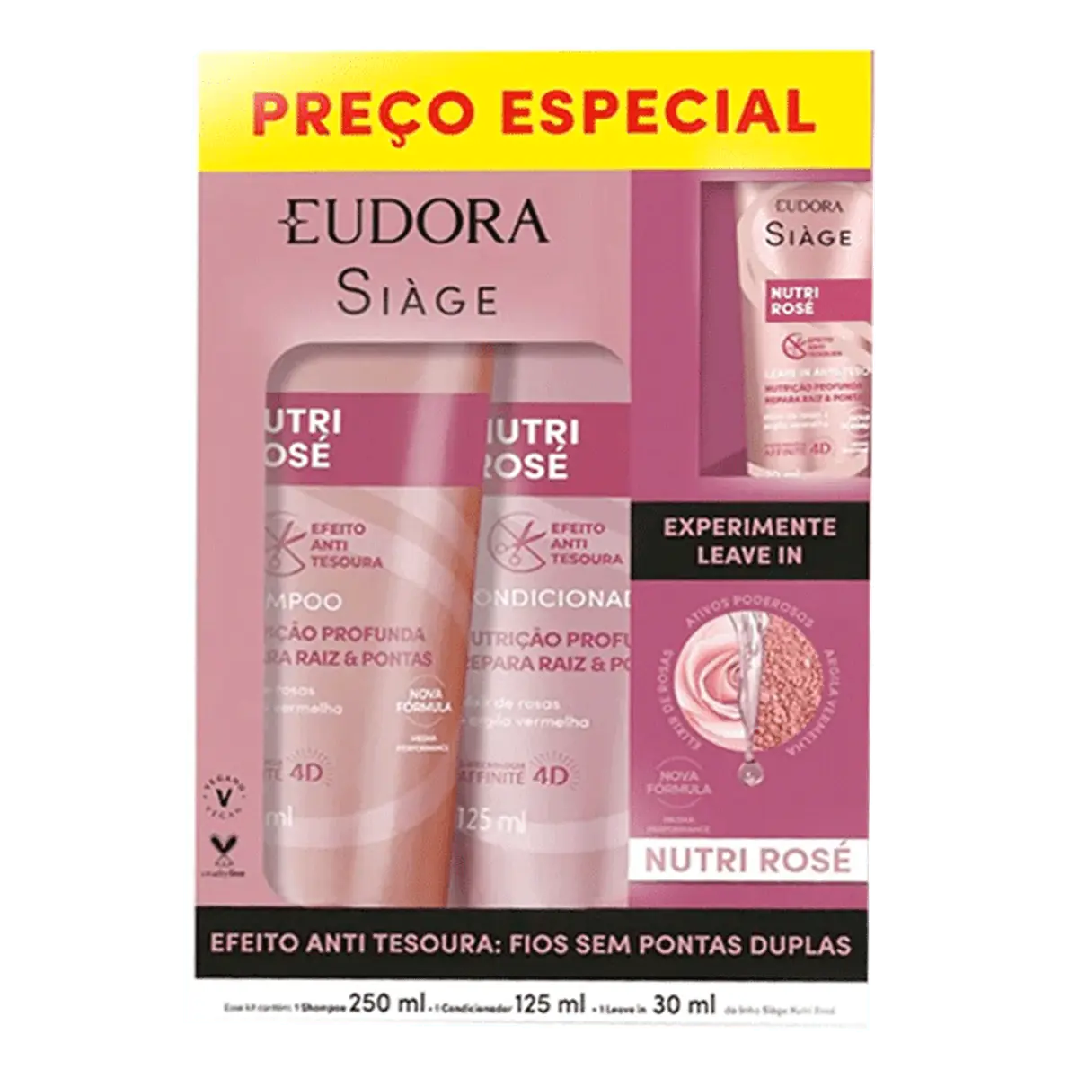 Kit Shampoo 250ml Condicionador 125ml Leave In 30ml Eudora Siàge Nutri Rosé