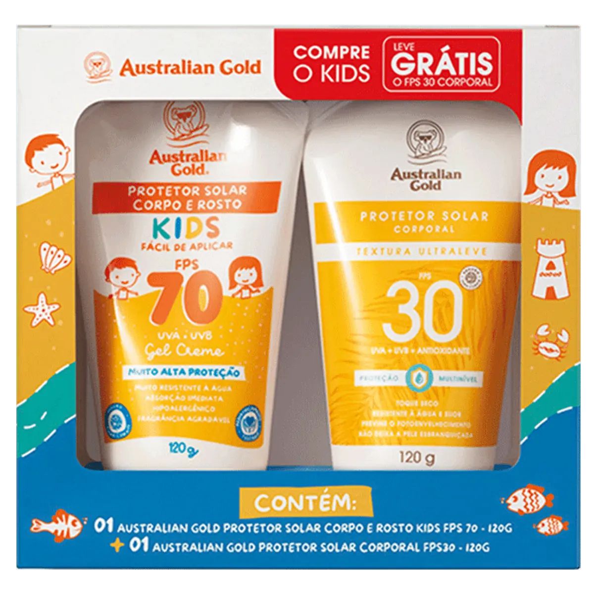 Kit Protetor Solar Corpo E Rosto Creme Gel Fps 70 Kids Grátis Protetor Solar Corporal Fps 30 Austral