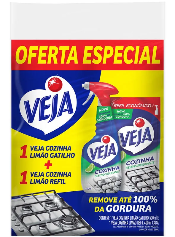 Limpador Desengordurante Veja Cozinha Limão Kit com 1 Spray 500 ml e 1 Refil 400 ml