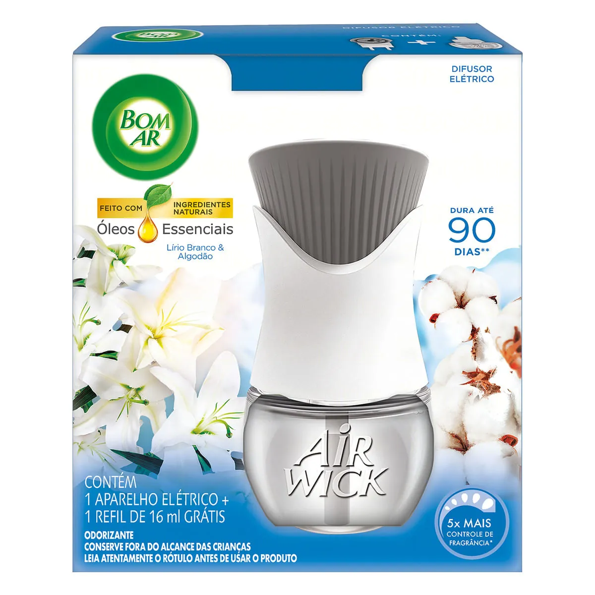 Difusor Elétrico Bom Ar Lirio Branco e Algodão Aparelho + Refil 16ml