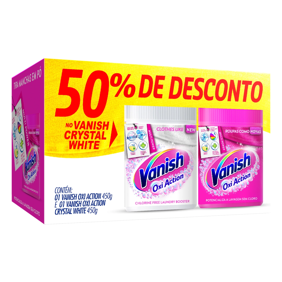 Kit Tira Manchas em Pó Vanish Oxi Action com 1 Rosa 450g e 1 Branco 450g