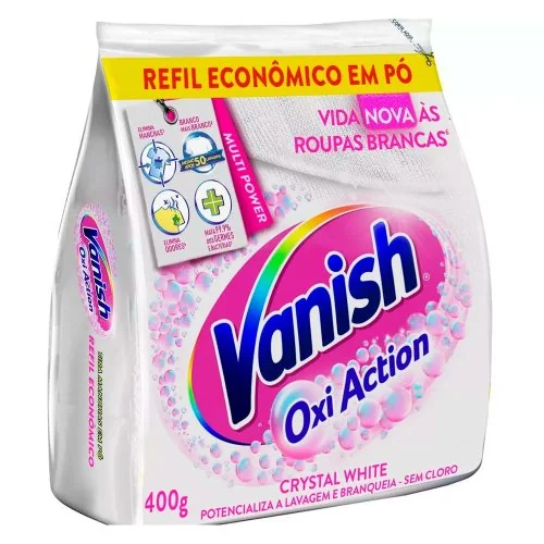 Tira Manchas em Pó Vanish Crystal White Oxi Action para roupas brancas Refil Econômico 400g