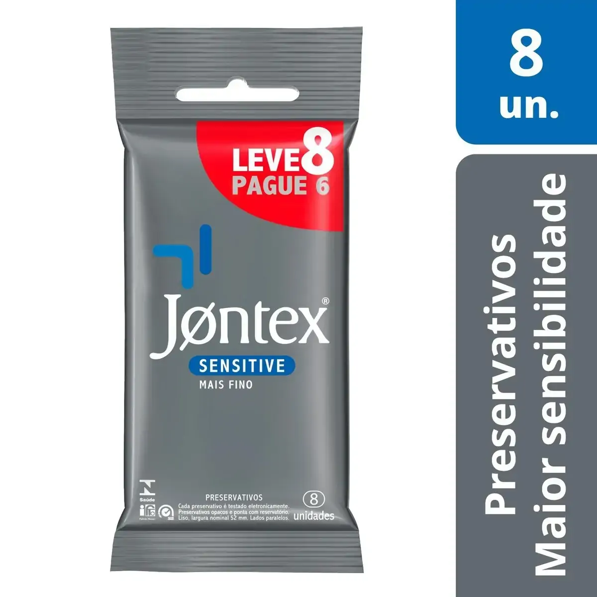 Preservativo Lubrificado Sensitive Jontex Pacote Leve 8 Pague 6 Unidades