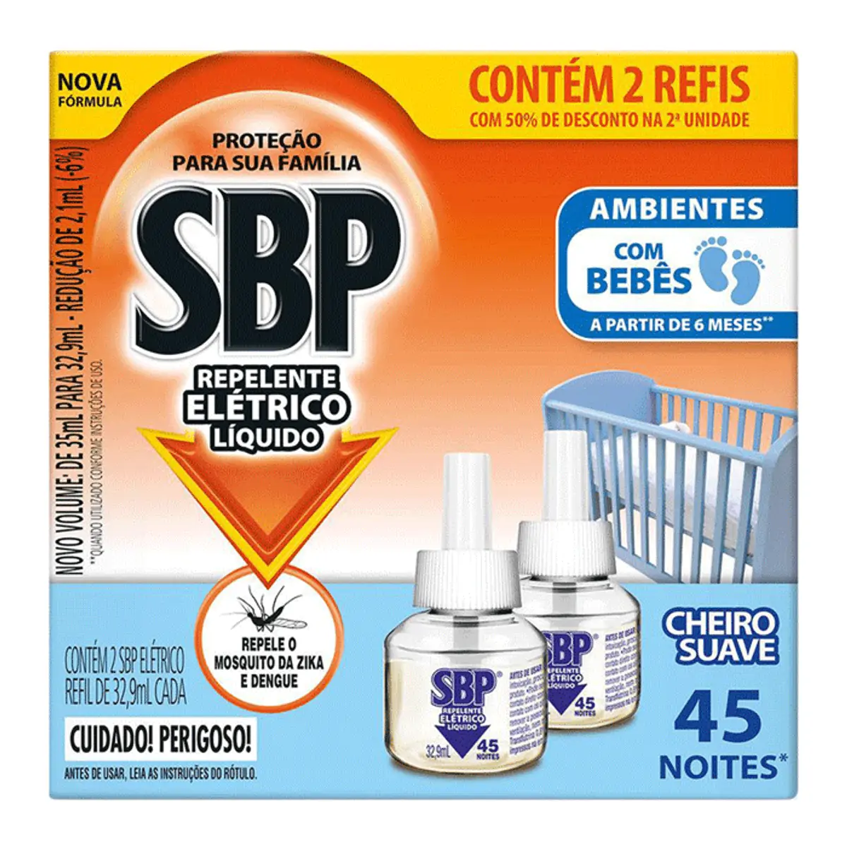 Repelente Elétrico Líquido SBP 45 Noites Cheiro Suave com 2 unidades de 32,9ml