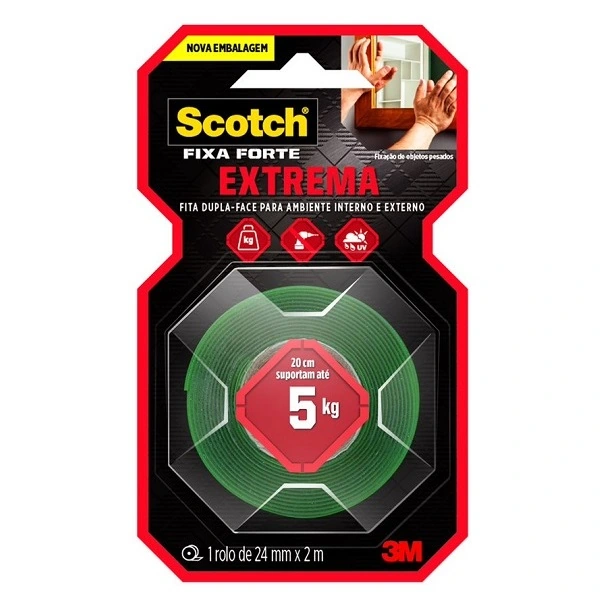 Fita Dupla Face 3m Extra Forte 5kg Fixa Forte Extrema 24mm X 2m