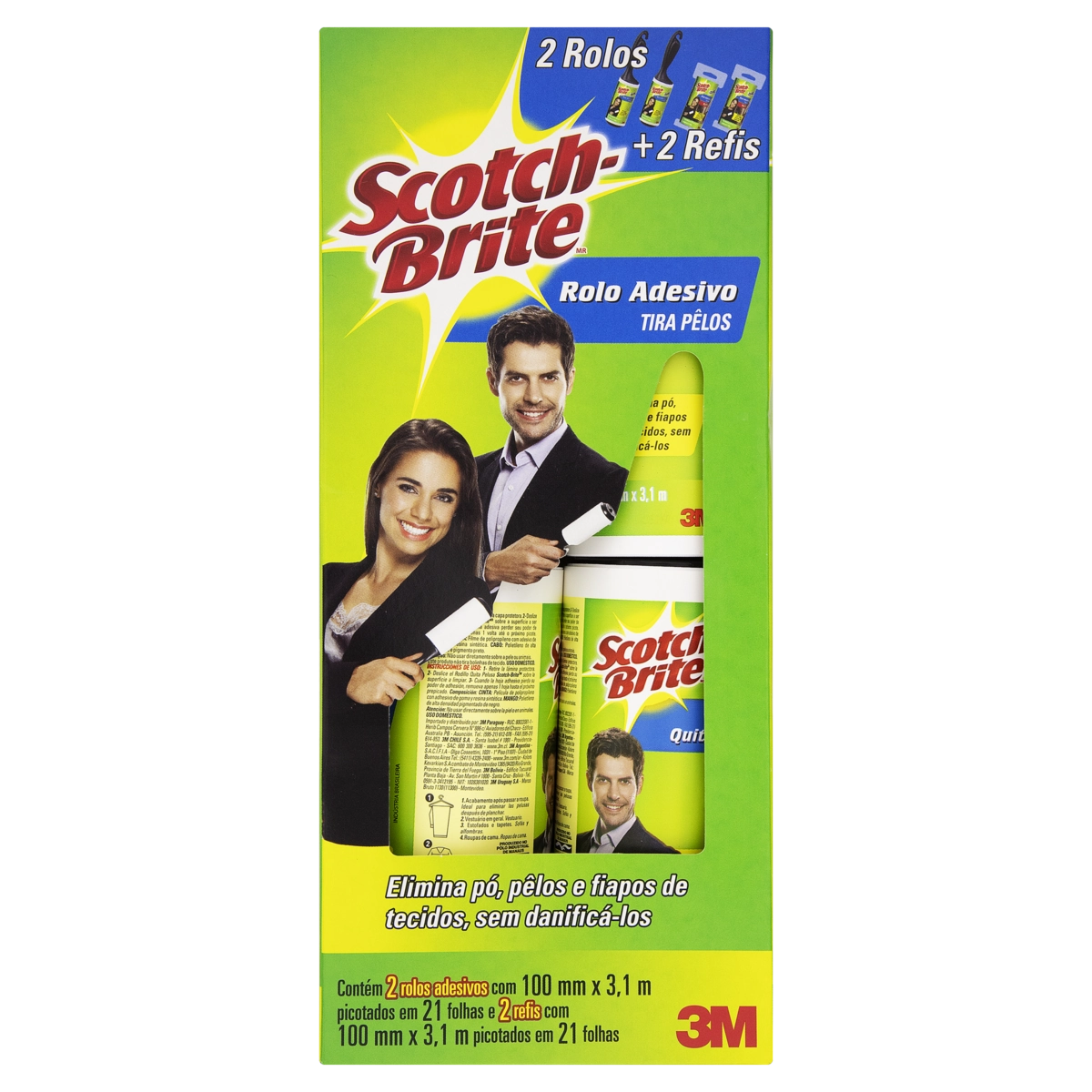 Kit 2 Rolos Adesivos Tira Pelos Scotch Brite 100mm X 3,1m 21 Folhas Cada 2 Refis