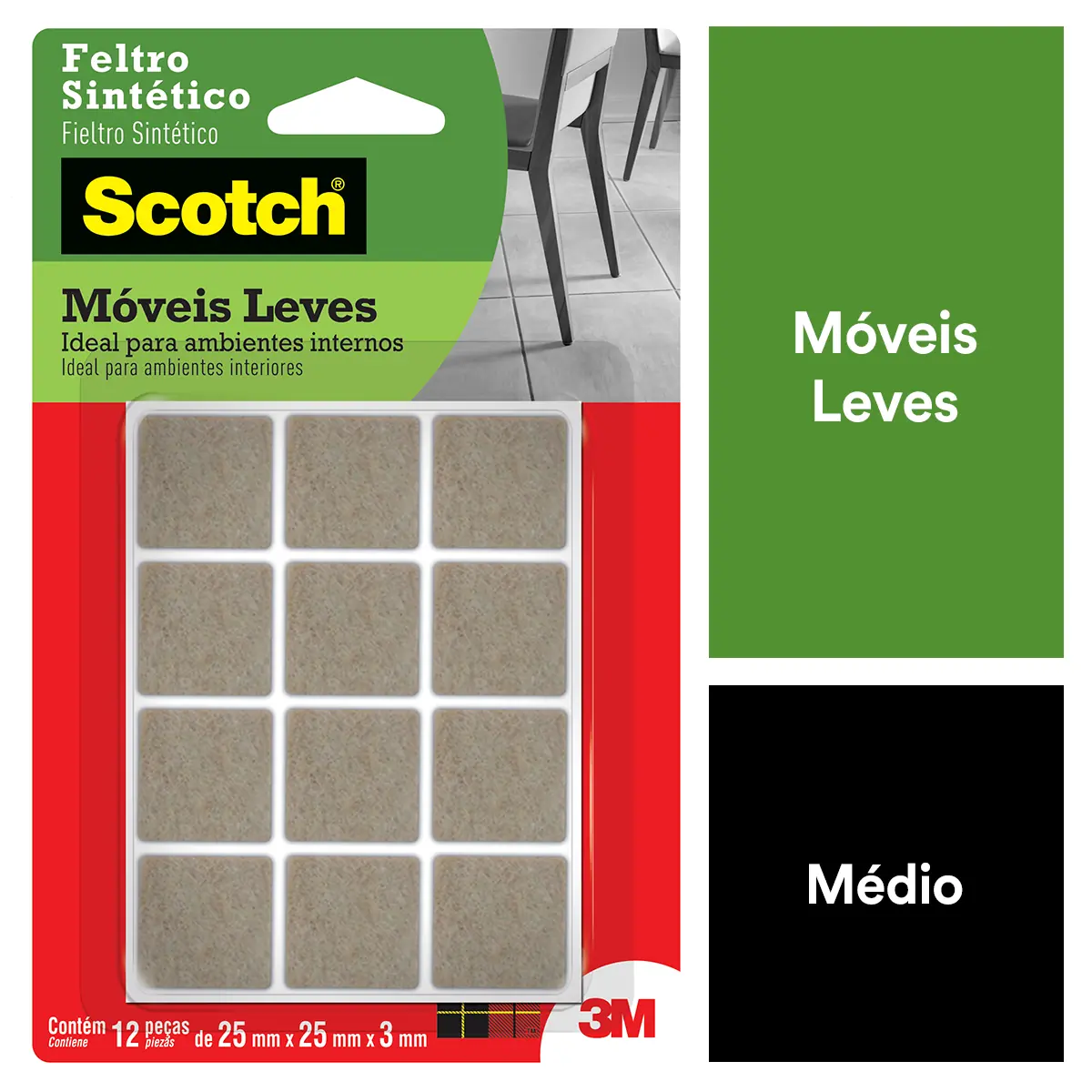 Feltro Protetor Sintético Marrom Quadrado Scotch P 25mm X 25mm X 3mm 12 Unidades