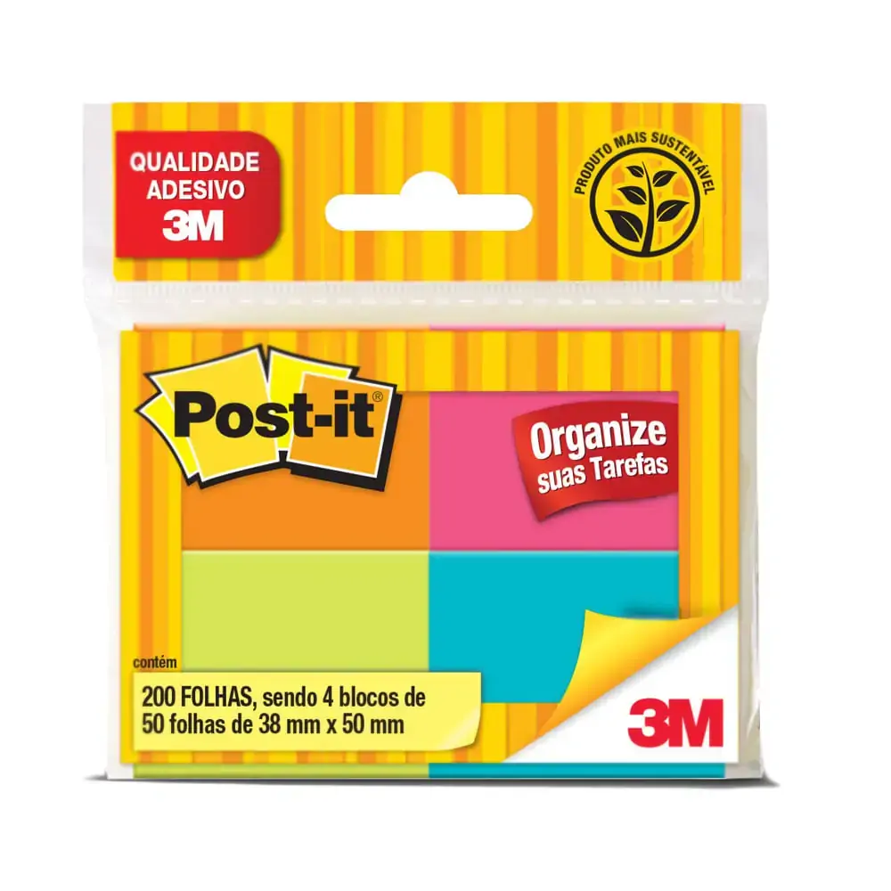 Bloco De Notas Adesivas Post It 38mm X 50mm 4 Unidades 200 Folhas