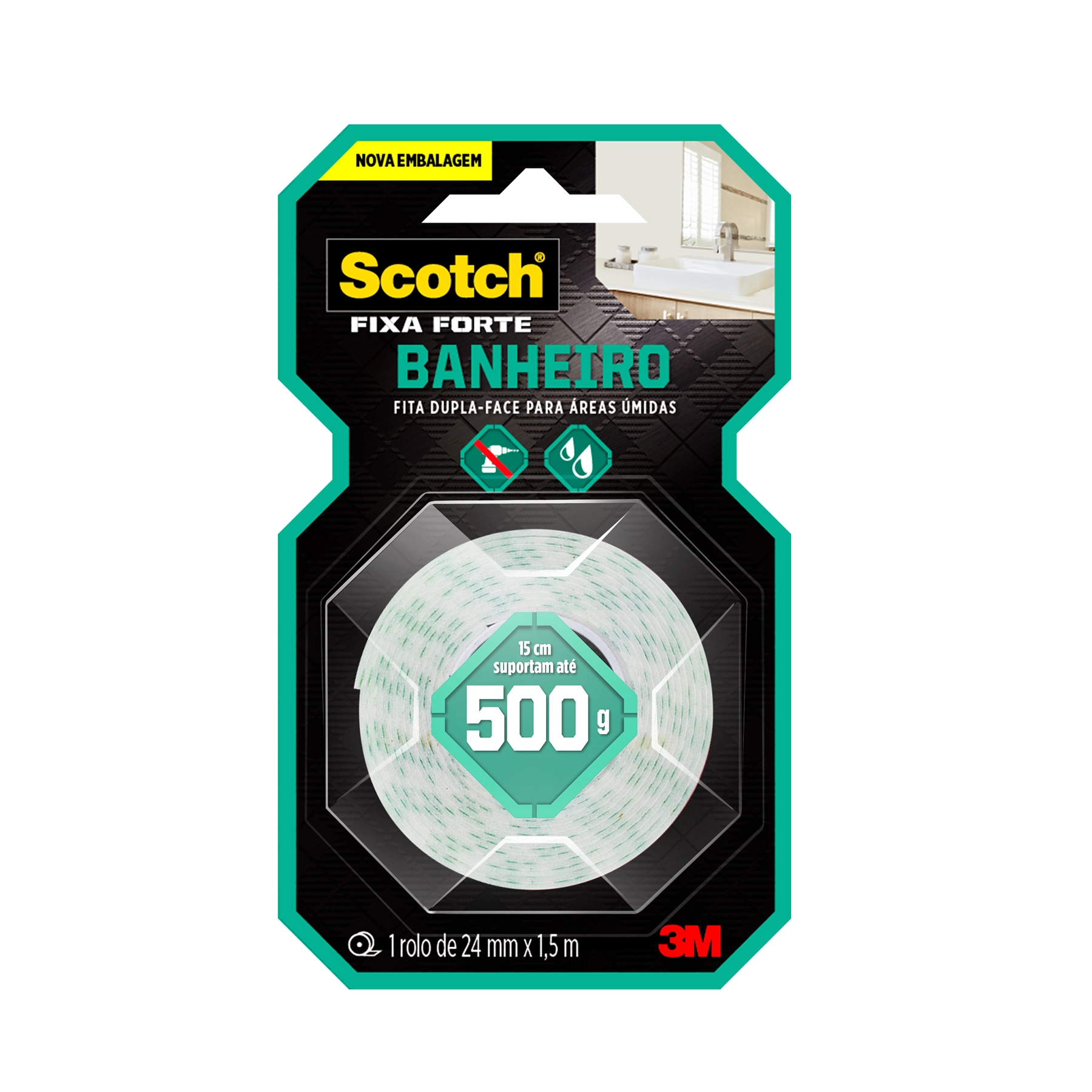Fita Fixa Forte para Banheiro Áreas Úmidas SCOTCH 15 cm Suporta até 500g