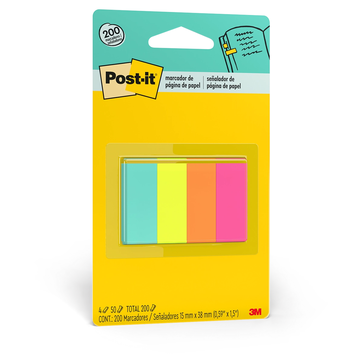 Marcador De Página De Papel Post It 15mm X 38mm Blister 4 Unidades 200 Folhas