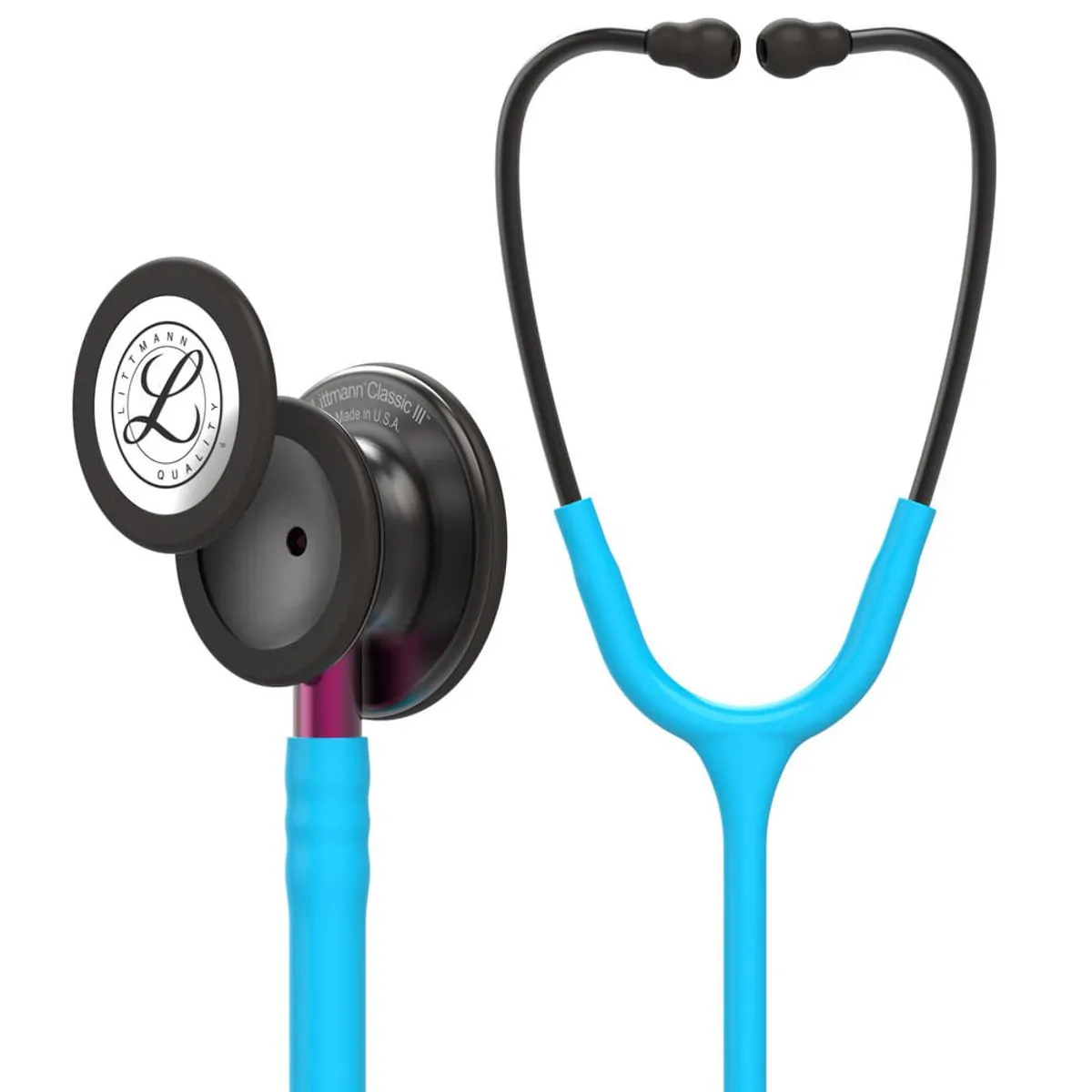 Estetoscópio Littmann Classic III 3M Azul Turquesa e Smoke com Conector Rosa 5872